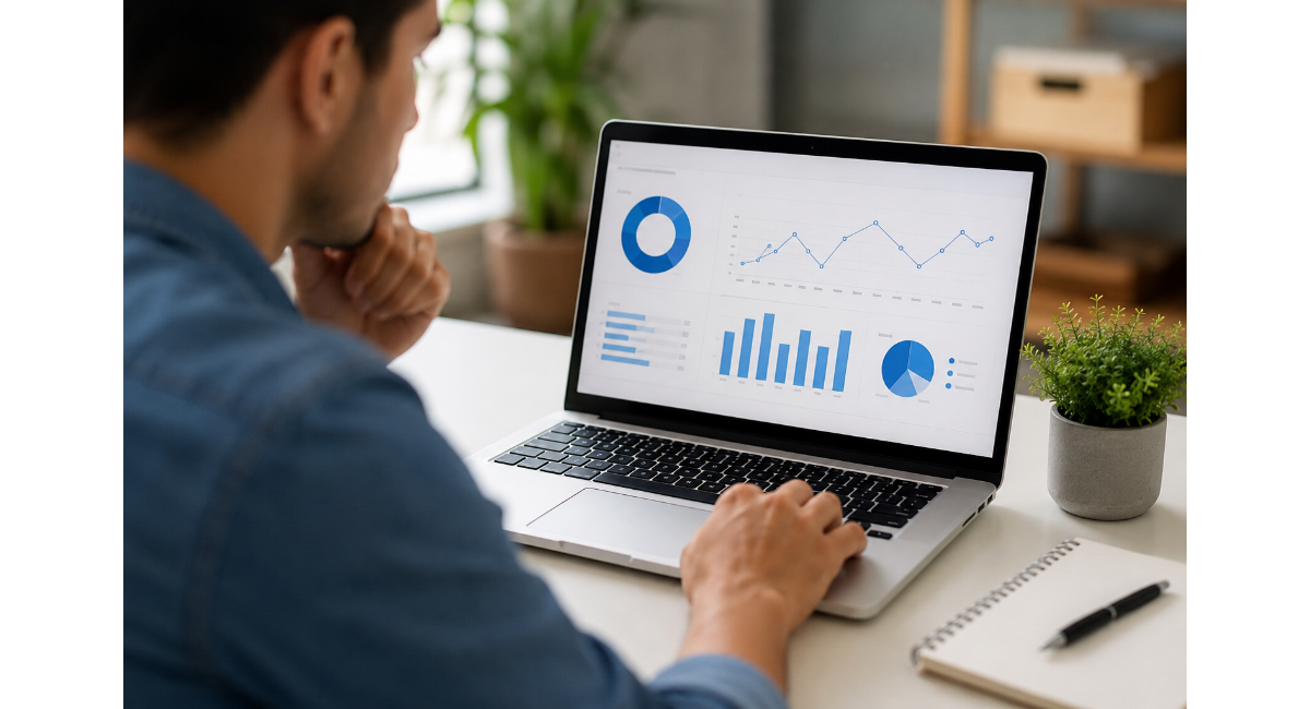 Digital marketer reviewing Meta Ads attribution settings and campaign performance metrics on a laptop dashboard.