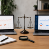 Two laptops displaying SEO analytics dashboards with a balance scale between them, representing a comparison of Ubersuggest vs Ahrefs.