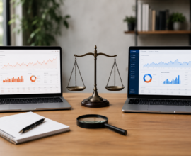 Two laptops displaying SEO analytics dashboards with a balance scale between them, representing a comparison of Ubersuggest vs Ahrefs.