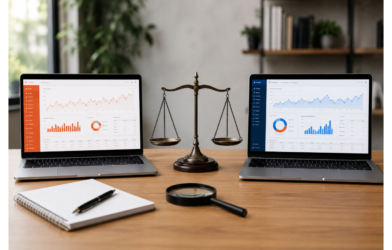 Two laptops displaying SEO analytics dashboards with a balance scale between them, representing a comparison of Ubersuggest vs Ahrefs.