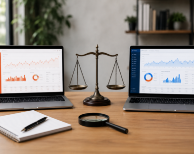 Two laptops displaying SEO analytics dashboards with a balance scale between them, representing a comparison of Ubersuggest vs Ahrefs.