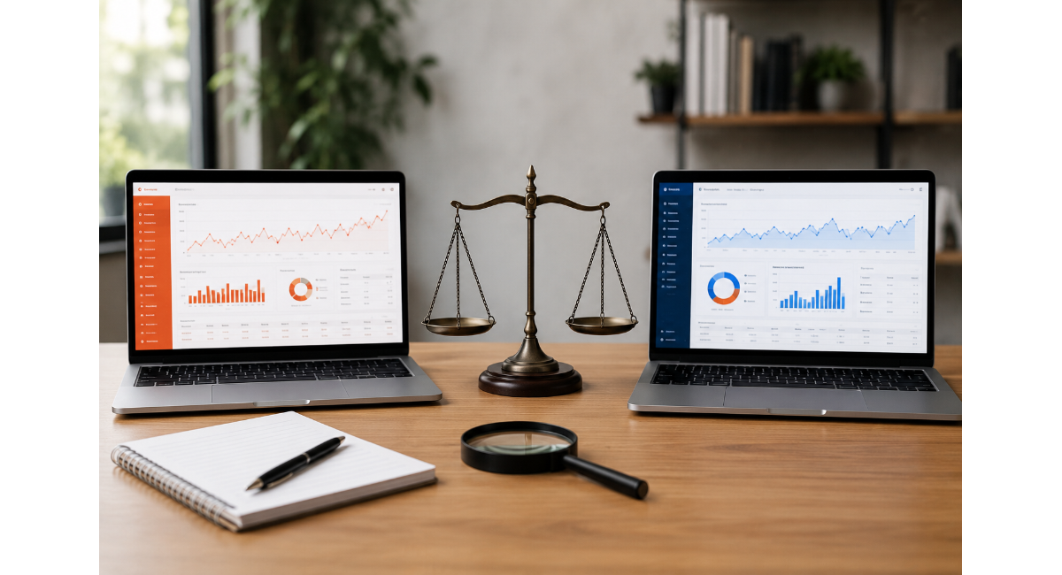 Two laptops displaying SEO analytics dashboards with a balance scale between them, representing a comparison of Ubersuggest vs Ahrefs.