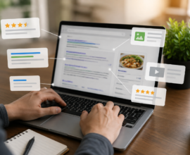 Person analyzing Google search results with rich snippets on a laptop to improve SEO performance.