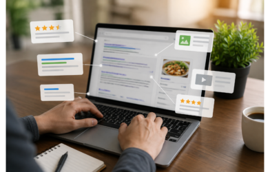 Person analyzing Google search results with rich snippets on a laptop to improve SEO performance.