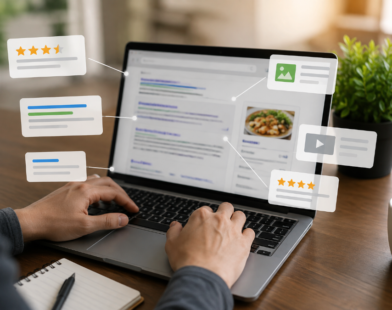 Person analyzing Google search results with rich snippets on a laptop to improve SEO performance.