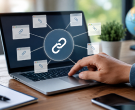 Person analyzing website backlinks and no follow links on a laptop for SEO optimization.