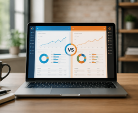 BrightEdge vs Ahrefs SEO tools comparison dashboard on a laptop