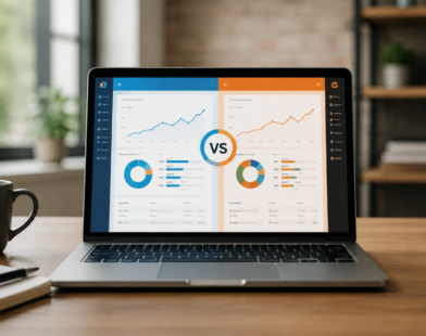 BrightEdge vs Ahrefs SEO tools comparison dashboard on a laptop