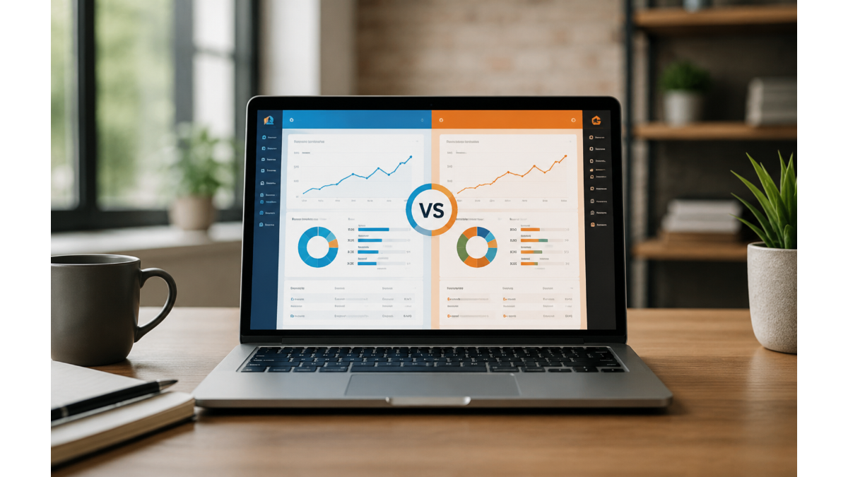 BrightEdge vs Ahrefs SEO tools comparison dashboard on a laptop