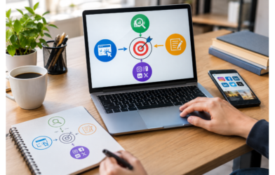 SEO, PPC, content marketing, and social media strategy working together