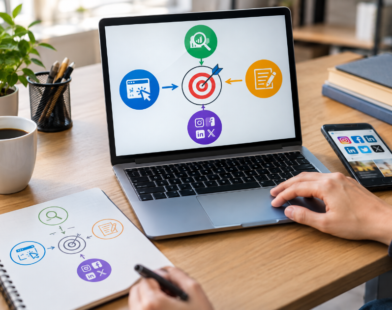 SEO, PPC, content marketing, and social media strategy working together
