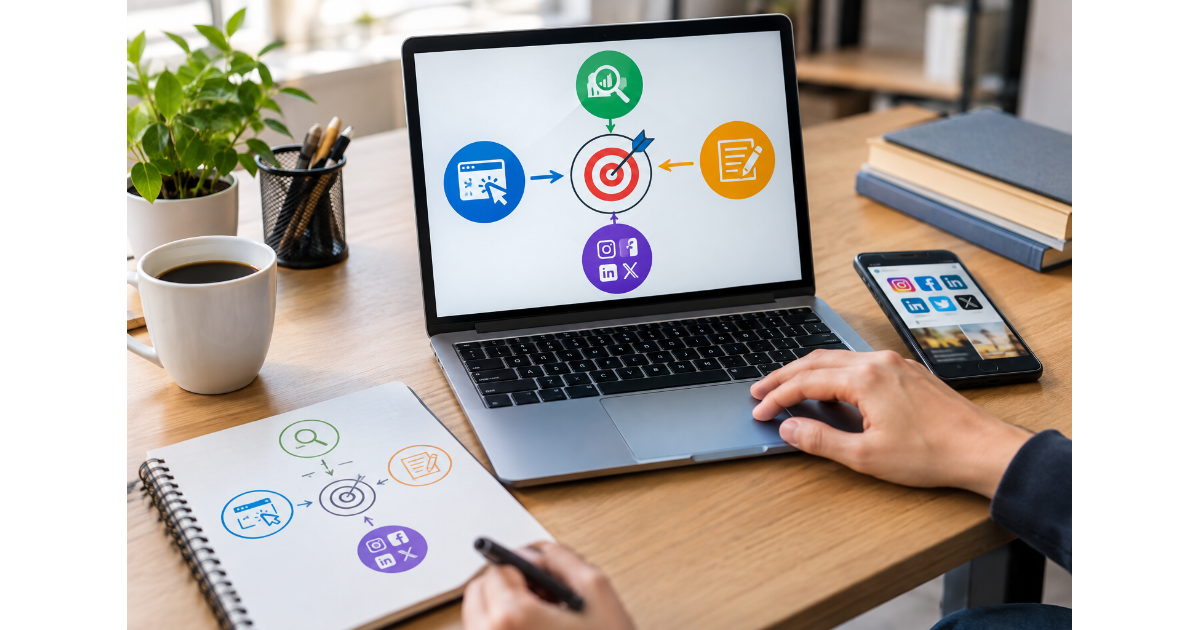 SEO, PPC, content marketing, and social media strategy working together