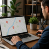 Small business owner improving local SEO using a laptop and location map