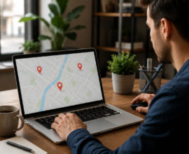 Small business owner improving local SEO using a laptop and location map