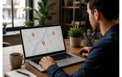 Small business owner improving local SEO using a laptop and location map