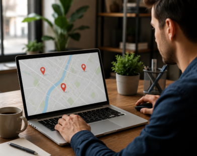 Small business owner improving local SEO using a laptop and location map