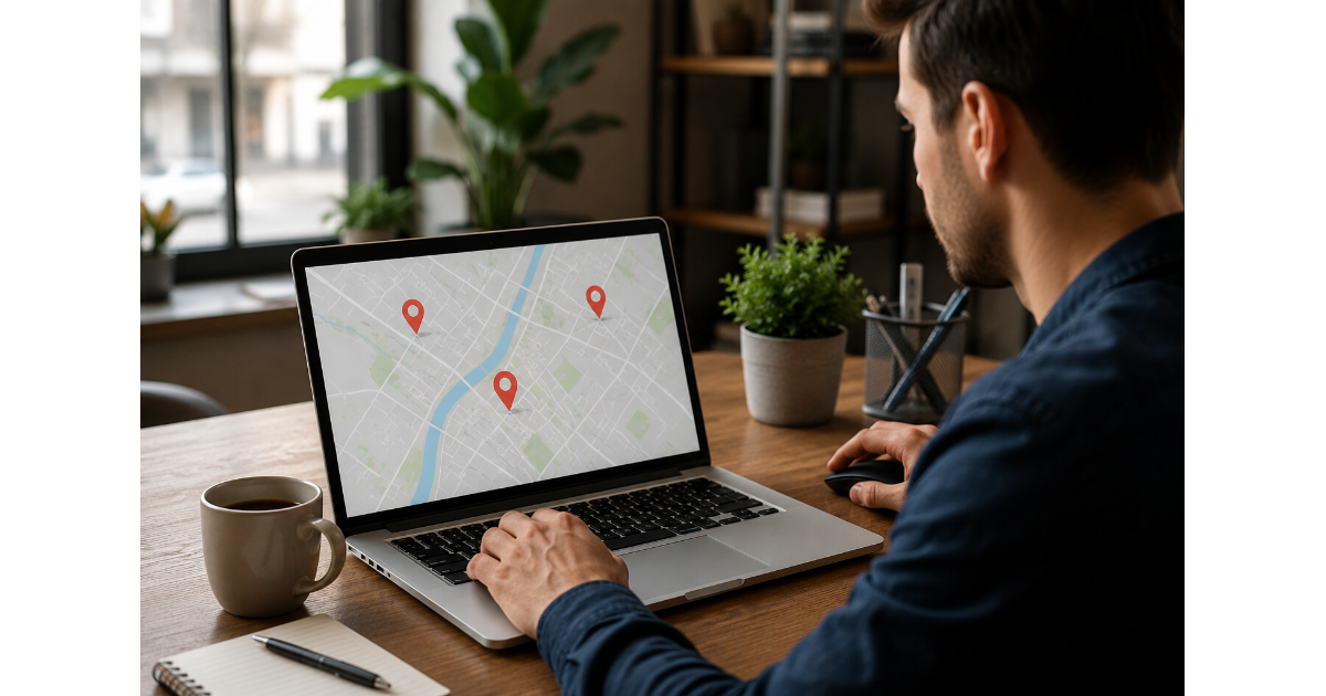 Small business owner improving local SEO using a laptop and location map