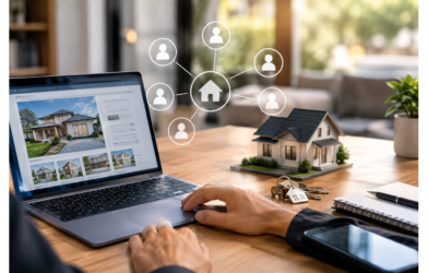Real estate lead generation strategy with property listings, house model, and connected potential clients