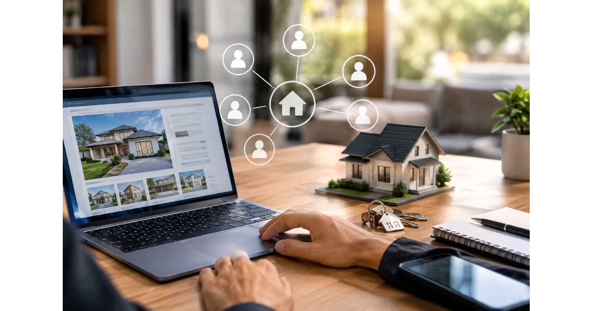Real estate lead generation strategy with property listings, house model, and connected potential clients