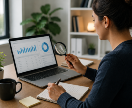 Small business owner researching relevant keywords for a website