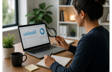 Small business owner researching relevant keywords for a website