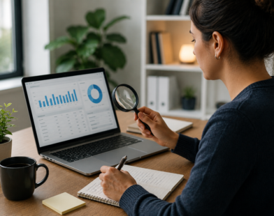 Small business owner researching relevant keywords for a website
