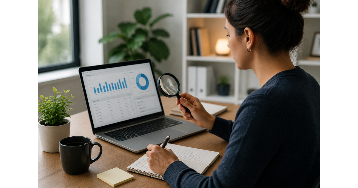 Small business owner researching relevant keywords for a website