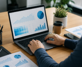 SEO performance tracking with analytics charts on a laptop