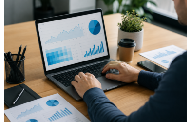 SEO performance tracking with analytics charts on a laptop