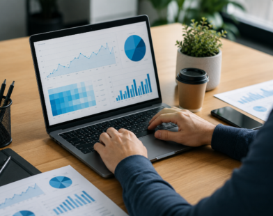 SEO performance tracking with analytics charts on a laptop
