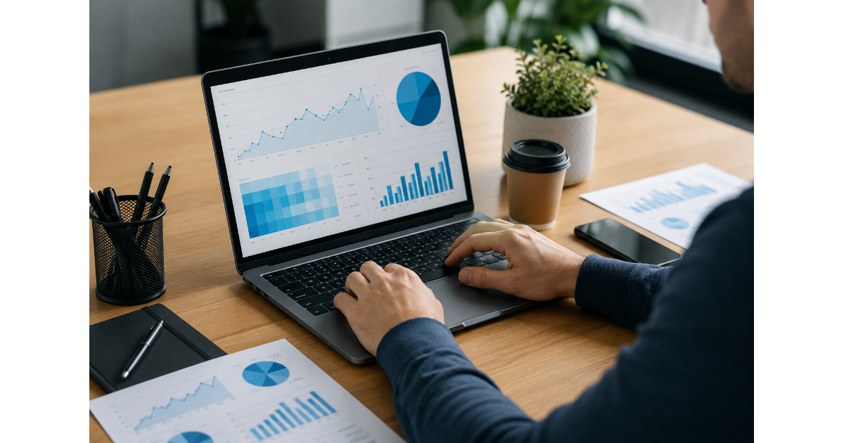 SEO performance tracking with analytics charts on a laptop