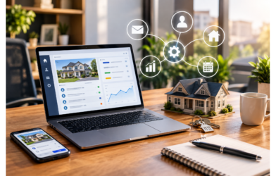 Real estate marketing automation dashboard with property listings, lead management, and automated workflows