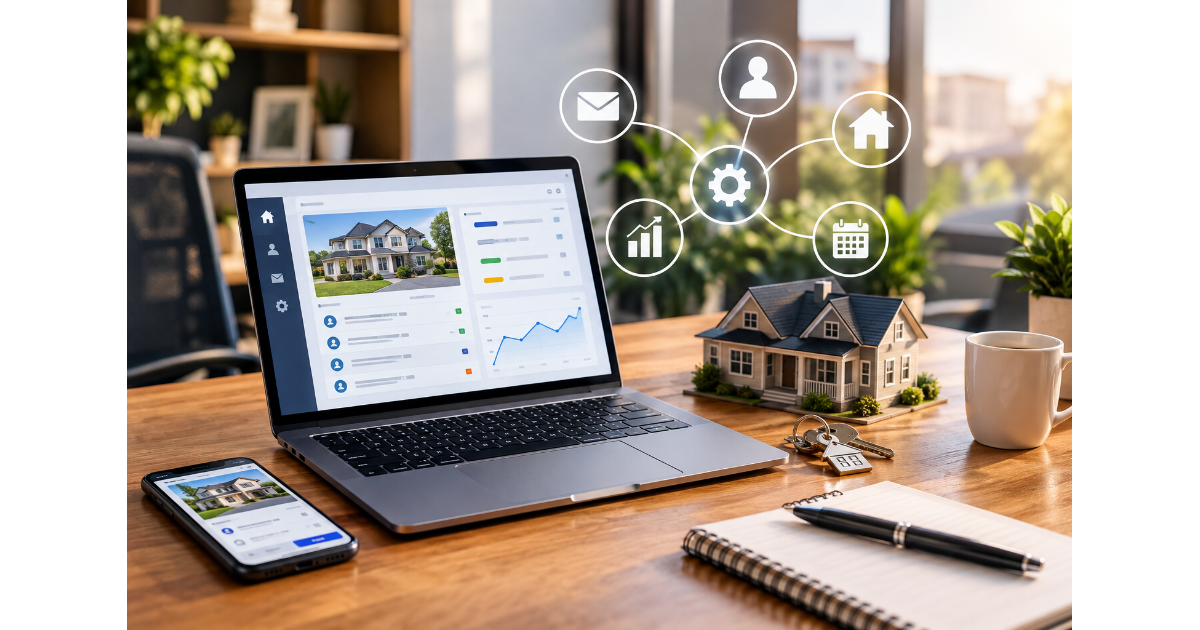 Real estate marketing automation dashboard with property listings, lead management, and automated workflows