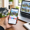 Real estate social media marketing with property listings on a smartphone and laptop