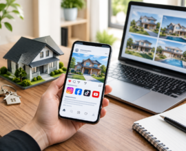 Real estate social media marketing with property listings on a smartphone and laptop