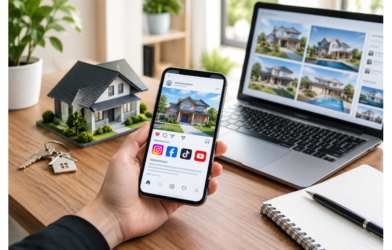 Real estate social media marketing with property listings on a smartphone and laptop