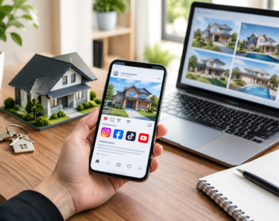 Real estate social media marketing with property listings on a smartphone and laptop