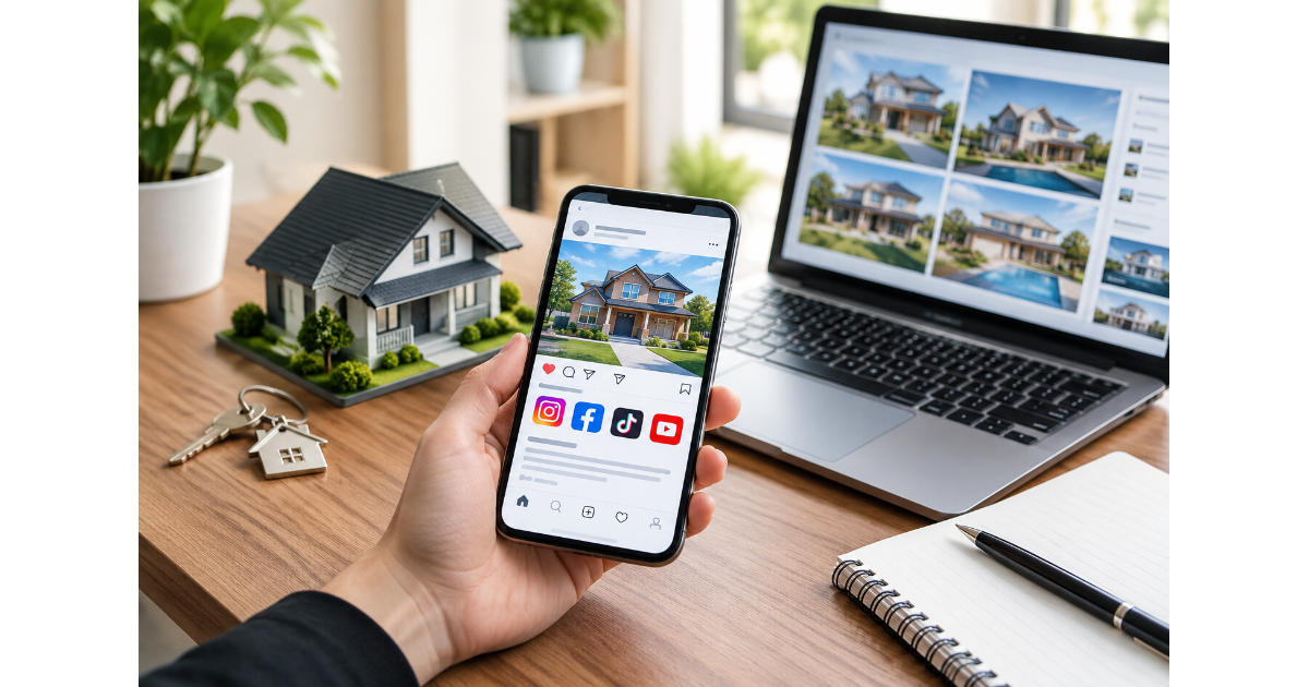 Real estate social media marketing with property listings on a smartphone and laptop